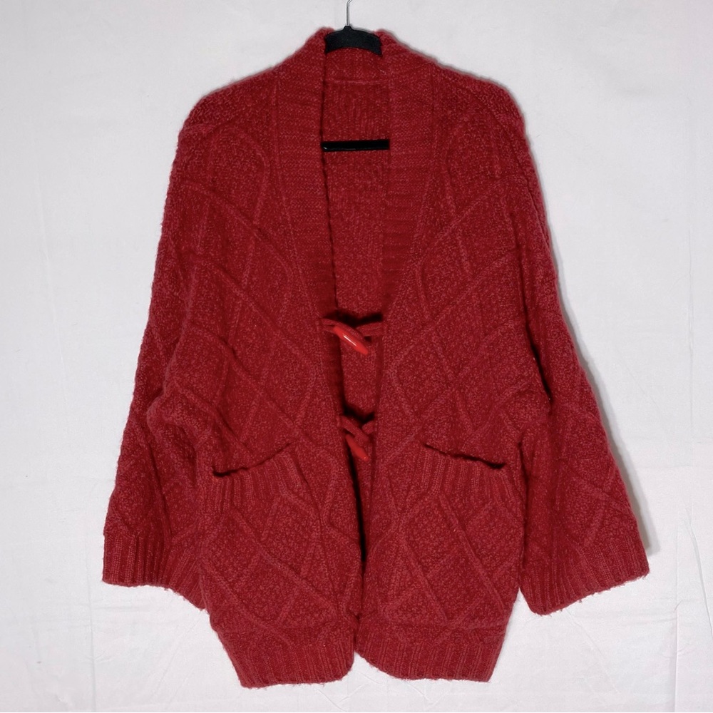 Vintage Oversized Red Chunky Textured Diamond Knit Cardigan Sweater W Toggles XL
